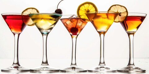 A row of five martinis with different colored liquids and garnishes
