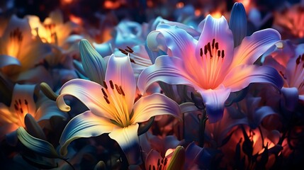 Lush and Radiant: Enchanting Lilies Infused with the Vibrant Hue of Nature's Palette, Blossoming in Serenity and Elegance, Capturing the Essence of Tranquility and Beauty - obrazy, fototapety, plakaty