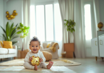 Happy Cute Smiling Little Kid Sits On Floor And Holds Gold Piggy Bank. Sofa Living Room On Background. Investment, Health Insurance. Child Care, Financial Concept Horizontal CopySpace Ai Generated