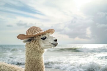 Fototapeta premium A serene alpaca with a straw hat enjoying the sunny beachside atmosphere. Alpaca Wearing Straw Hat at the Beach