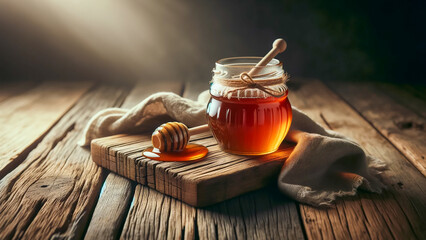 glass jar of rich, amber honey placed centrally on a weathered wooden table - obrazy, fototapety, plakaty