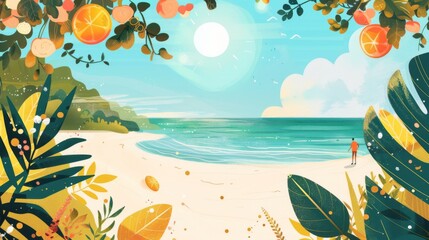 Fototapeta na wymiar illustration of a beautiful tropical beach on a sunny summer day. concept of summer vacations