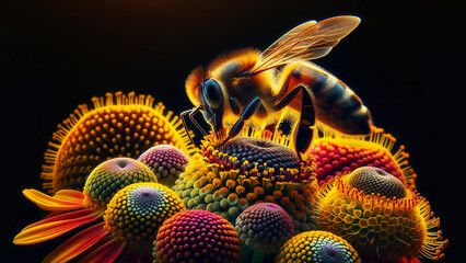 close-up capturing a honey bee as it delicately feeds on the nectar of flowers.