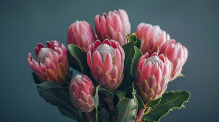 Here's a bunch of pretty pink Protea flowers. They're blooming against a gray background in a super close-up shot. Perfect for gifts, bouquets, or even just enjoying their beauty up close. 