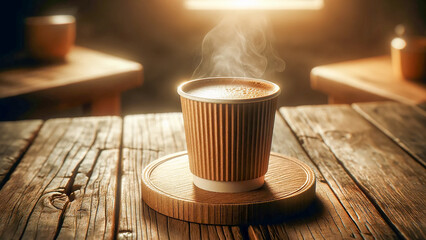 take-out coffee cup, placed on a rustic wooden table.