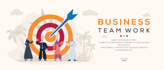Business teamwork, Arab cartoon people wearing traditional clothes, vector illustration.