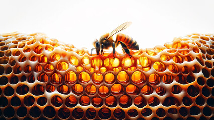 single honey bee is captured in the act of feeding on honey from a beehive frame