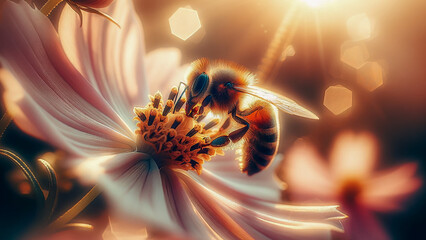 bee gracefully collects honey from a vibrant flower, its body dusted with pollen - obrazy, fototapety, plakaty