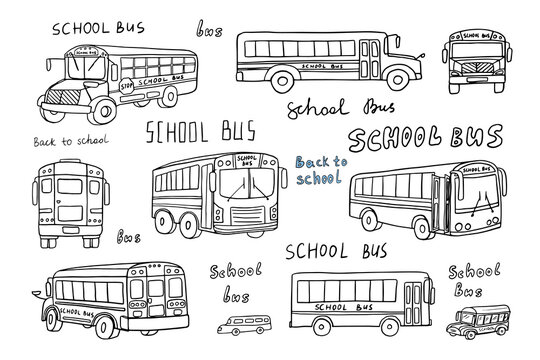 Large set of school buses in doodle style. School icons. Back to school. Transportation, bus, transport. Good for banner, posters, cards, stickers, professional design. Hand drawn