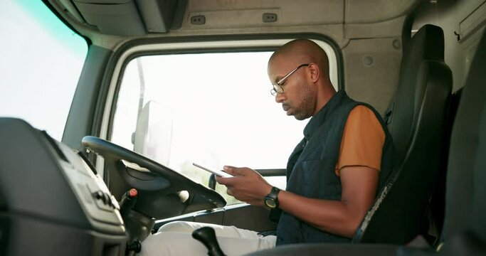 Black man, van and check on tablet for logistics schedule, courier app and delivery management with dispatch system. Person and digital technology for tracking or online updates and distribution.