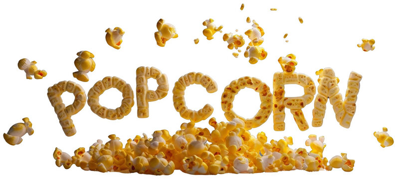 Popcorn Spelling Out, Falling in Air. Transparent PNG Background