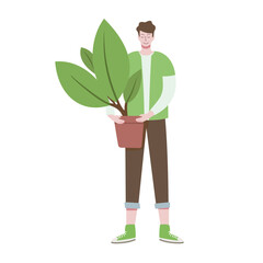 Young man holding a tree in a pot in his hands. Earth Day. Green Planet Environment. Concept Flat Cartoon Vector Illustration