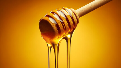 Honey gracefully dripping from a wooden honey dipper, set against a bright yellow background