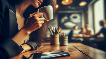 hand of a girl as she enjoys a cup of coffee during a meeting in a cafe.