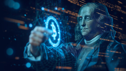 Finance Blue Wireframe Hologram of Benjamin Franklin Pointing into Bitcoin on Black Background. Banking, Crypto Currency. Investment , Market Crash. AI Generated Horizontal