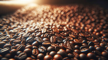 background of roasted coffee beans, spread evenly across the frame to create a uniform pattern. - obrazy, fototapety, plakaty