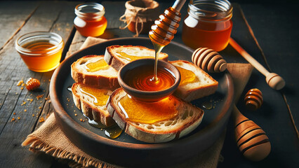 fresh honey is being poured from a honey dipper onto slices of bread - obrazy, fototapety, plakaty