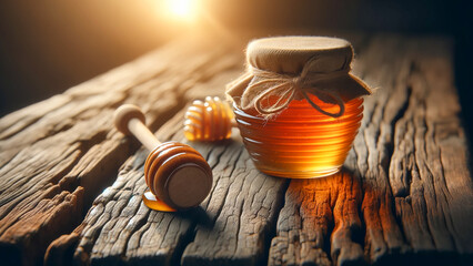 ancient wooden table, a honey jar accompanied by a dipper stands proudly.