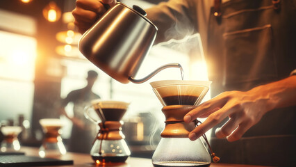 barista's hand is captured in the act of precisely pouring hot water from a drip kettle - obrazy, fototapety, plakaty