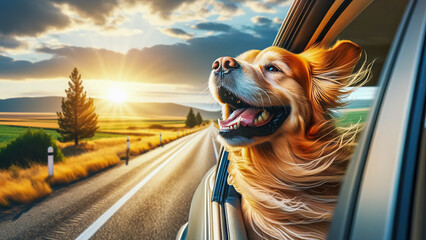 happy dog with its head out of the car window, ears flapping in the breeze