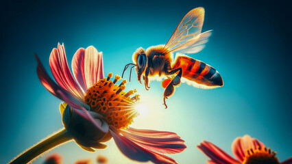 bee gracefully collects honey from a vibrant flower, its body dusted with pollen