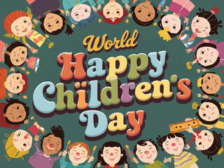 Happy children day colorful retro typography with customized vector art illustration