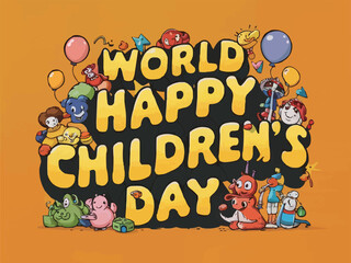 Happy children day colorful retro typography with customized vector art illustration