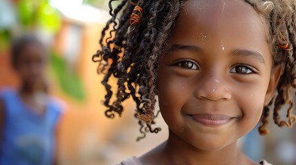 children of cabo verde, A smiling young child with curly hair and a joyful expression, set against a blurred background, conveying innocence and happiness.  - obrazy, fototapety, plakaty