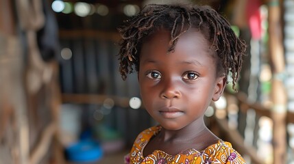 children of cte divoire, A young girl with braided hair and traditional clothing looks calmly at the camera in a rustic setting.  - obrazy, fototapety, plakaty