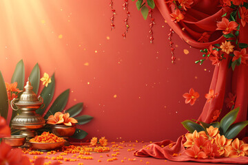 Marigold flowers in traditional Indian pot kalash on red background with copy space. Hindu Puja. Festival Vishu celebration. Greeting card or banner for holiday Ugadi or Gudi Padwa Hindu New Year