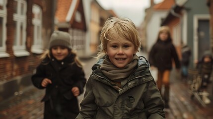 children of denmark, Two joyful children running on a cobblestone street in a quaint European town, showcasing childhood happiness and freedom.  - obrazy, fototapety, plakaty