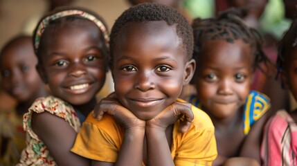 children of guinea, A cheerful child with a bright smile poses with hands on chin while other children smile in the background, all exuding happiness and friendship.  - obrazy, fototapety, plakaty