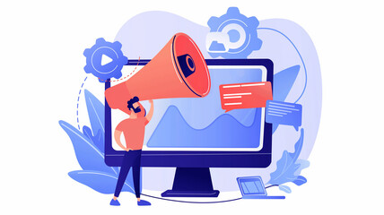 Business concept. Social marketing concept. Person promoting online in social network using huge megaphone, attract female customer. 