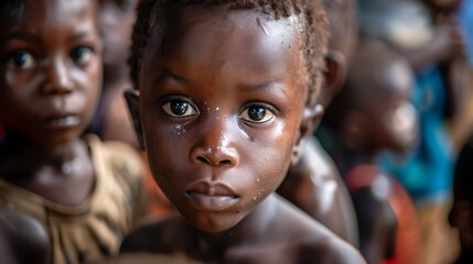 children of guinea-bissau, A close-up portrait of a young child with expressive eyes surrounded by other children, embodying innocence and curiosity  - obrazy, fototapety, plakaty