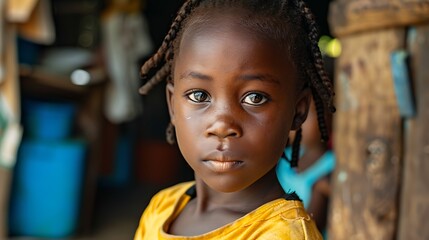 children of guinea, A young child with braided hair looks into the camera with captivating eyes against a vibrant background of daily life.  - obrazy, fototapety, plakaty