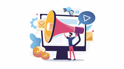 Business concept. Social marketing concept. Person promoting online in social network using huge megaphone, attract female customer. 