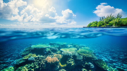 Fototapeta premium Summer concept. Tropical island and blue ocean with coral reef.