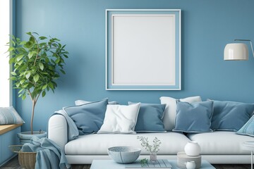 Hampton style interior living room, empty wall mockup in blue room with sofa and pillows and decoration.