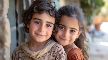 children of kuwait, Two young children smile gently as they pose together for a portrait, exuding a...