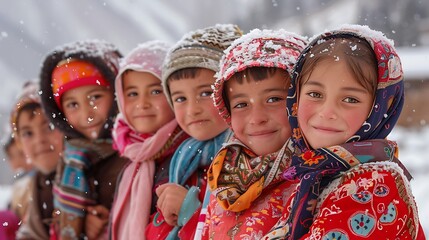 Children of Kyrgyzstan. A group of children with snow-covered hats and colorful clothing share a joyful moment in a winter setting