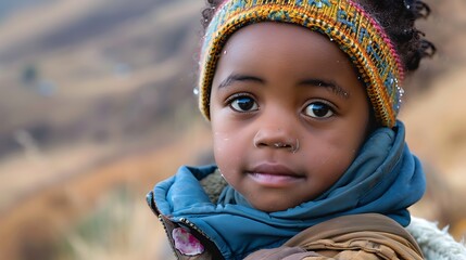 children of lesotho, A portrait of a young child with big brown eyes wearing a colorful knitted hat and blue scarf set against a blurred natural background. 