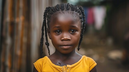 children of liberia, A close-up portrait of a young girl with braided hair and a yellow top, with a blurred background.  - obrazy, fototapety, plakaty