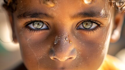children of libya, Close-up portrait of a child with captivating eyes and a dusty face evokes a sense of wonder and innocence.  - obrazy, fototapety, plakaty