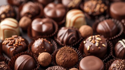 Assorted chocolate candies with various fillings. Sweet background. Variety of treats pralines and truffles.