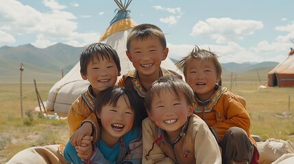 Children of Mongolia. Happy group of children smiling in traditional clothing in front of a yurt with scenic mountains in the background. 