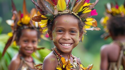 Fototapeta premium children of papua new guinea, A joyful young girl in traditional feathered headdress and costume smiles brightly at a cultural festival 