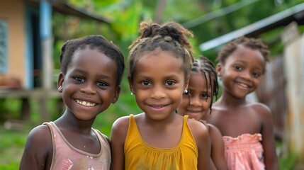 children of saint lucia, Four smiling children standing outdoors exhibit joy and innocence in a tropical setting.  - Powered by Adobe