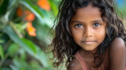 Children of Sri Lanka. A portrait of a young girl with curly hair and bright eyes against a blurred natural background with orange flowers.