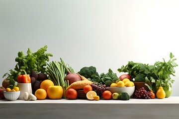 Fresh fruits and vegetables on wooden table against white wall. Space for text
