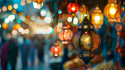 Ramadan kareem, Ramadan mubarak hanging lamps design concept. Render Islamic lantern light concept 